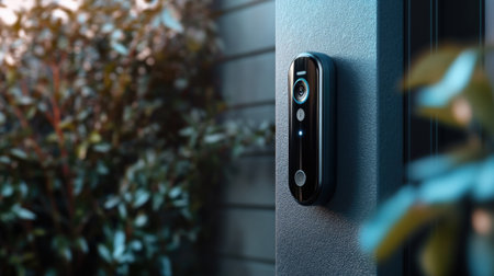 Close up of modern doorbell on a wall in the city.の素材