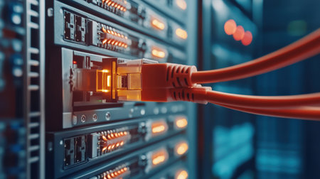 close up of network cables connected to switch in data center. 3d renderingの素材