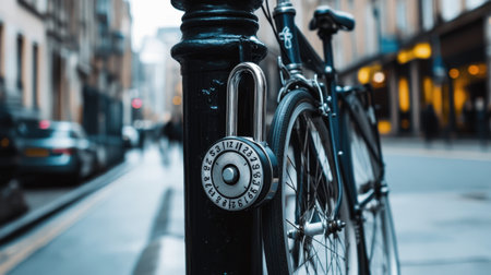 Bicycle locked with padlock on a street in London, UKの素材