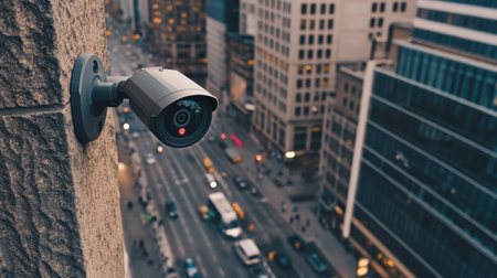 CCTV security camera on the wall in the city. Urban backgroundの素材