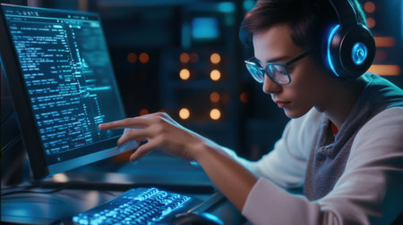 Cyber security. Dark-haired hacker wearing eyeglasses working on the computerの素材