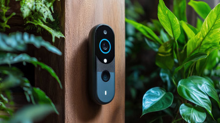 Modern smart speaker on the wall in the garden. Smart home concept.の素材