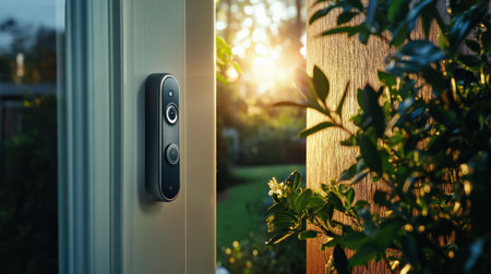 Modern door handle on the door in the garden at sunset time.の素材