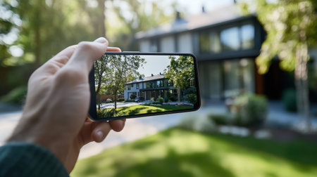 Man taking photo of new house with smart phone. Real estate conceptの素材