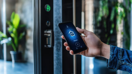 hand holding smart phone with smart home automation system on screen and entering security codeの素材