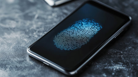 Fingerprint on smartphone screen. Fingerprint scan provides security access with biometrics identification.の素材