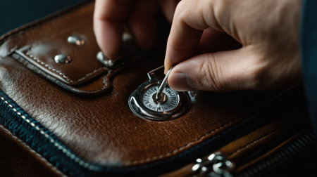 Close up of a male hand holding a compass over a brown leather briefcaseの素材