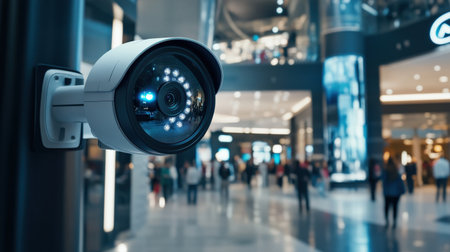 CCTV security camera in shopping mall or department store with blurred people backgroundの素材