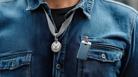 Closeup of a man wearing a blue denim jacket with a key ring in his pocketの素材