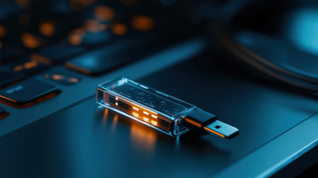 usb flash drive on the keyboard of a laptop, close-upの素材