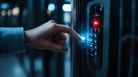 Close up of a man using an electronic keypad in a server roomの素材