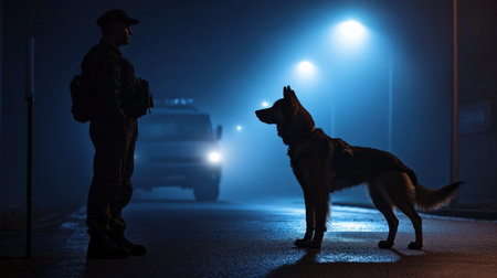 Police officer and dog on the street at night. Police concept.の素材