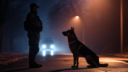 Police officer with dog on the street at night. Selective focusの素材