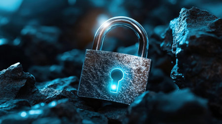 Padlock on stone background. Internet security concept. 3D Renderingの素材