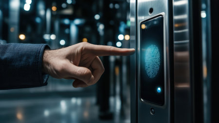 Close-up of male hand pressing button on elevator with fingerprint scannerの素材