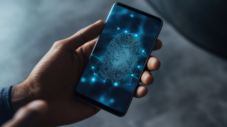 Man using smartphone with fingerprint scan on screen. Fingerprint security conceptの素材