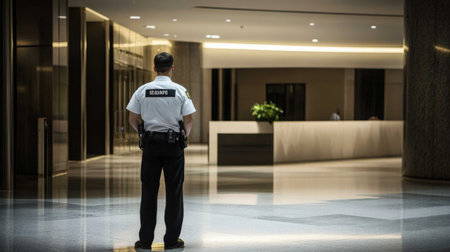 Security guard standing in the lobby of a modern office building. Selective focus.の素材