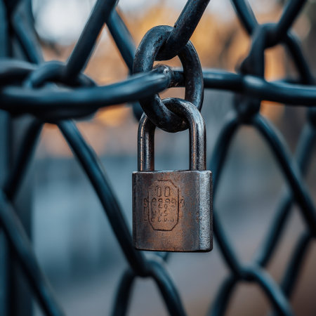 Padlock on chain link fence in the park. Selective focus.の素材