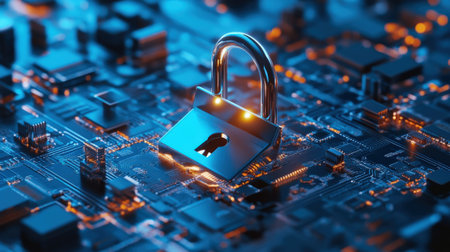 Padlock on circuit board background. Cyber security concept. 3d illustrationの素材