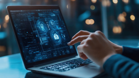 Cyber security, Data protection, information safety and encryption. Internet technology and business concept.  Close up of female hands using laptop with padlock icons on screen.の素材