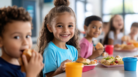 Group of child sitting in the school cafeteria eating lunch.の素材