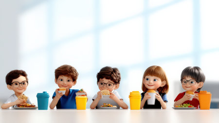 Group of child sitting in the school cafeteria eating lunch.の素材