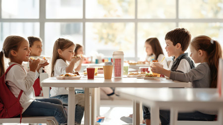 Group of child sitting in the school cafeteria eating lunch.の素材