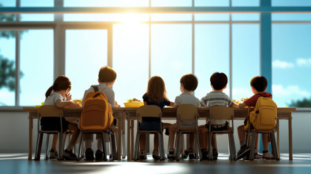 Group of child sitting in the school cafeteria eating lunch.の素材