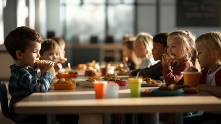 Group of child sitting in the school cafeteria eating lunch.の素材