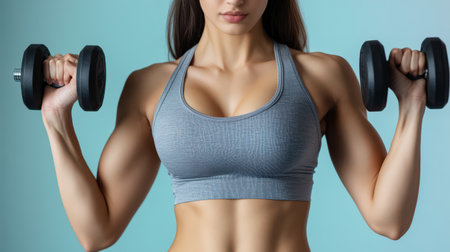 A muscular woman in a grey tank top is doing bicep curls with a dumbbell in each handの素材