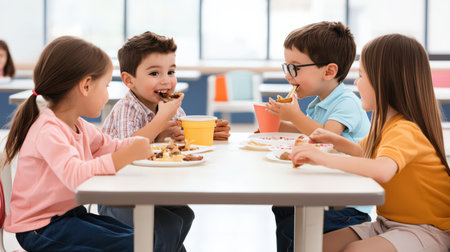 Group of child sitting in the school cafeteria eating lunch.の素材