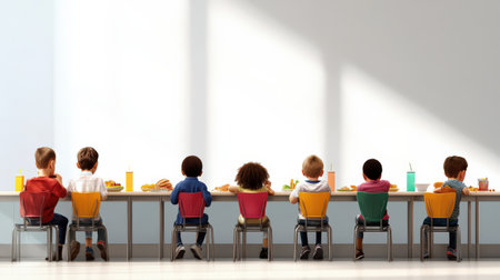 Group of child sitting in the school cafeteria eating lunch.の素材