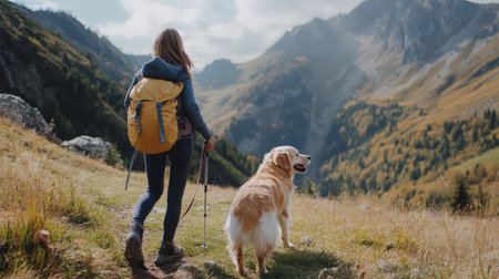 girl hiking with her golden retriever dog in the mountainsの素材