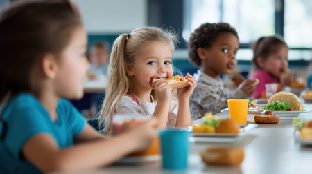 Group of child sitting in the school cafeteria eating lunch.の素材