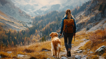 girl hiking with her golden retriever dog in the mountainsの素材