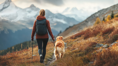 girl hiking with her golden retriever dog in the mountainsの素材