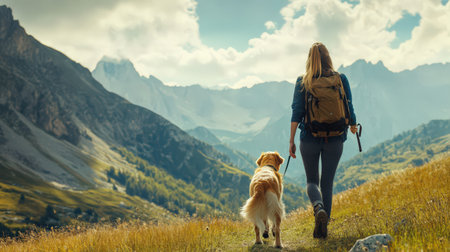girl hiking with her golden retriever dog in the mountainsの素材