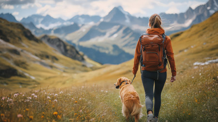 girl hiking with her golden retriever dog in the mountainsの素材