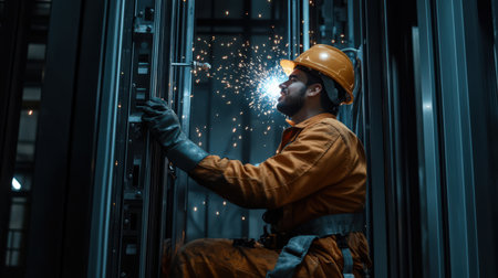 Heavy Industry Welder Working, Welding Inside Lift. Construction of elevator repair maintenance. Concept.の素材