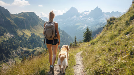 girl hiking with her golden retriever dog in the mountainsの素材