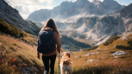 girl hiking with her golden retriever dog in the mountainsの素材