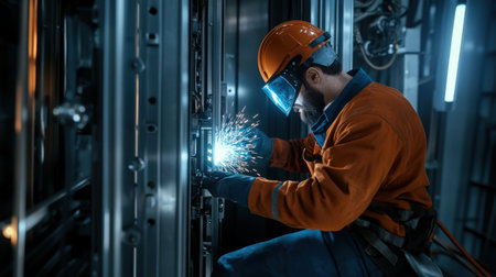 Heavy Industry Welder Working, Welding Inside Lift. Construction of elevator repair maintenance. Concept.の素材