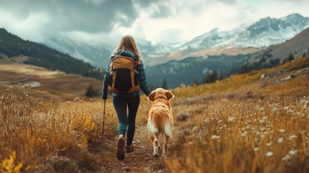 girl hiking with her golden retriever dog in the mountainsの素材