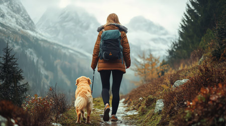girl hiking with her golden retriever dog in the mountainsの素材