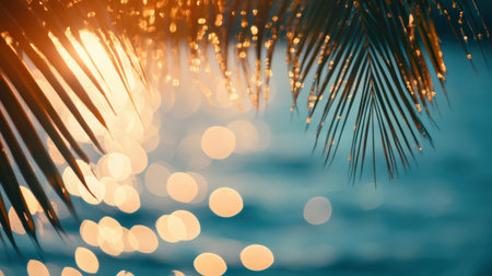 Hazy sea and sky, twinkling light bokeh, whispering palms, summer vacation feel, relaxed mood.の素材