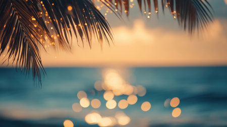 Hazy sea and sky, twinkling light bokeh, whispering palms, summer vacation feel, relaxed mood.の素材