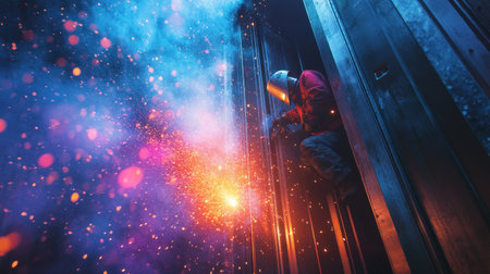 Heavy Industry Welder Working, Welding Inside Lift. Construction of elevator repair maintenance . Concept.の素材