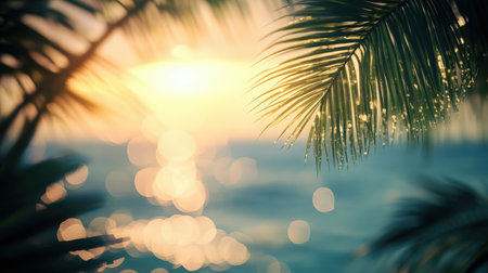 Hazy sea and sky, twinkling light bokeh, whispering palms, summer vacation feel, relaxed mood.の素材