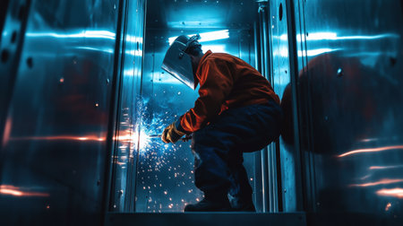 Heavy Industry Welder Working, Welding Inside Lift. Construction of elevator repair maintenance . Concept.の素材