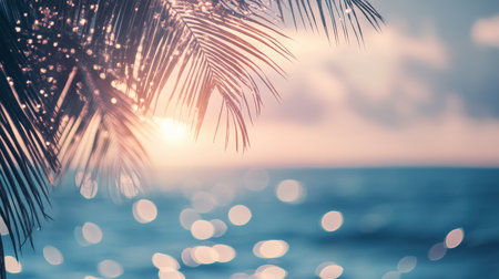 Hazy sea and sky, twinkling light bokeh, whispering palms, summer vacation feel, relaxed mood.の素材